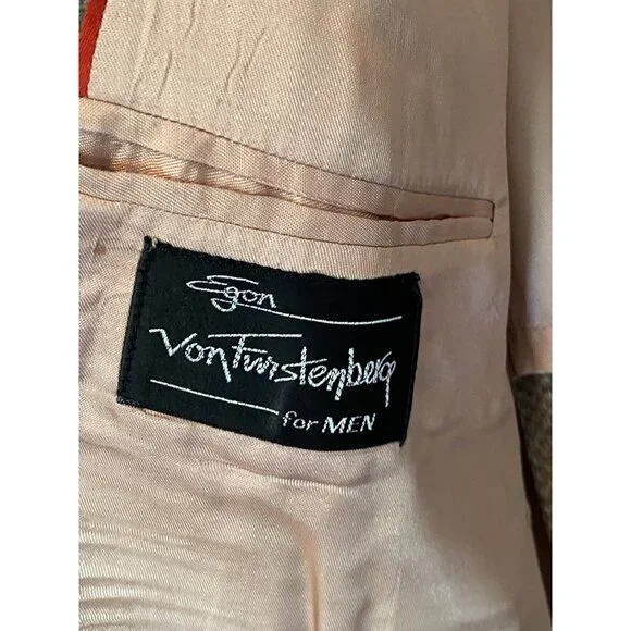Egon Von Furstenberg Beige Tan Wool TweedBlazer 2 Button Men's 44R Vintage